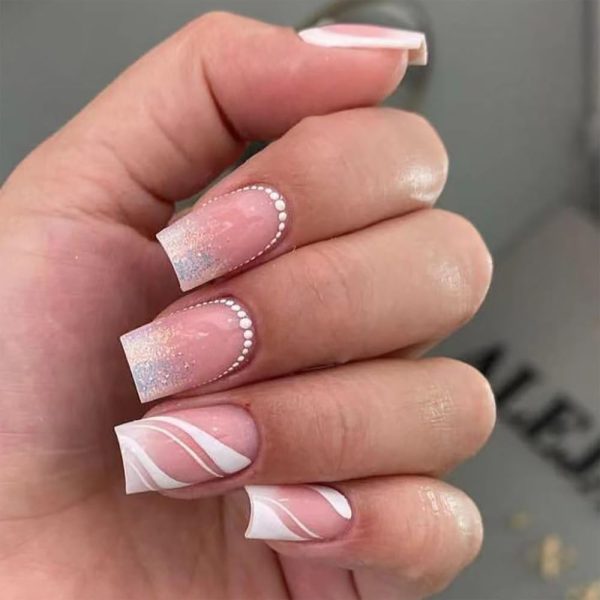 White Press on Nails Short Medium Square French Tip Fake Nails Glue on Nails with Striped Glitter Design Acrylic 24Pcs Women False Nails with Glue Gel Stick on Nail for Wedding Birthday SH46P on Sale