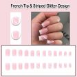 White Press on Nails Short Medium Square French Tip Fake Nails Glue on Nails with Striped Glitter Design Acrylic 24Pcs Women False Nails with Glue Gel Stick on Nail for Wedding Birthday SH46P on Sale