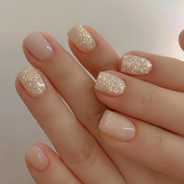 ZASKHLD Glitter Press on Nails Short Square Fake Nails Glossy Nude Glue on Nails with Glitter designs Luxury Sparkle coffin False Nails Shiny Acrylic Artificial Nails for Women Girls Manicure 24Pcs Online