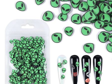 1 Bag 3D Green Alien Slices Halloween Nails Sticker Charm Ornament Creative Soft Polymer Clay Flakes DIY Nail Art Decorations Cheap