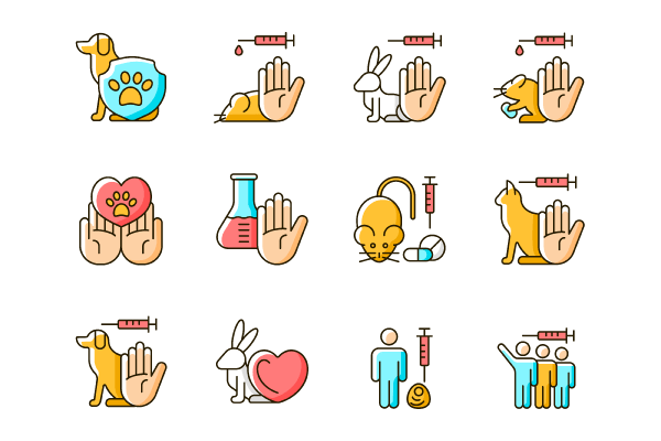 No animal testing RGB color icons set Supply