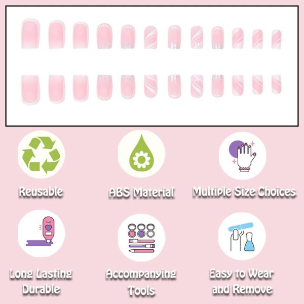 White Press on Nails Short Medium Square French Tip Fake Nails Glue on Nails with Striped Glitter Design Acrylic 24Pcs Women False Nails with Glue Gel Stick on Nail for Wedding Birthday SH46P on Sale