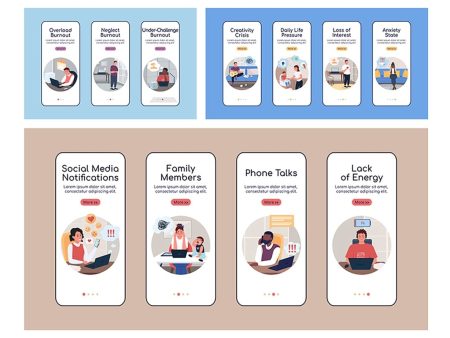 Burnout types onboarding mobile app screen flat vector templates For Discount