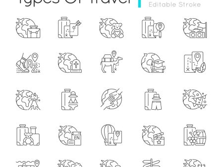 Types of travel linear icons set Fashion