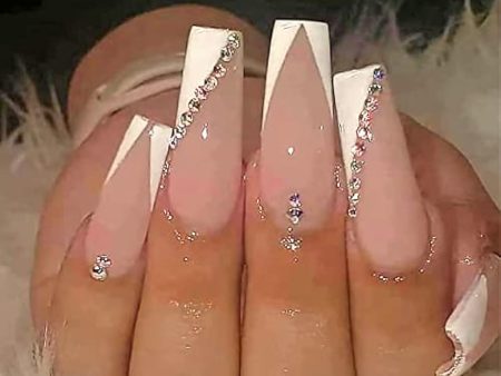 YOSOMK French Tip Press on Nails Long with Designs Pink and White Rhinestones False Fake Nails Press On Coffin Artificial Nails for Women Stick on Nails With Glue on Static nails Online Hot Sale