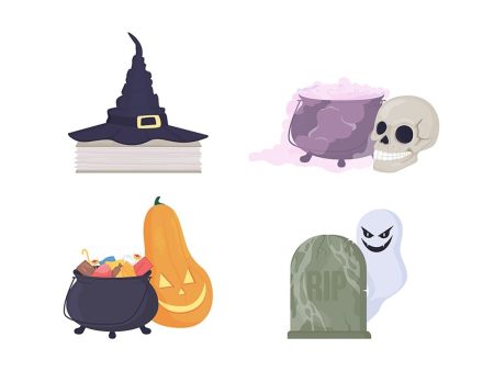 Spooky Halloween decorations semi flat color vector item set Supply