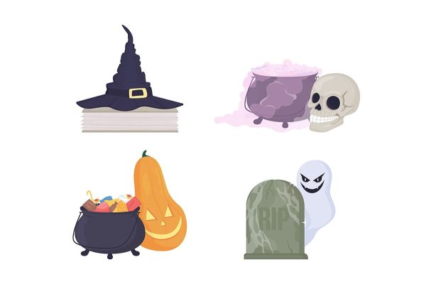 Spooky Halloween decorations semi flat color vector item set Supply