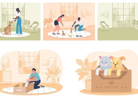 Adopting pets flat color vector illustrations Discount