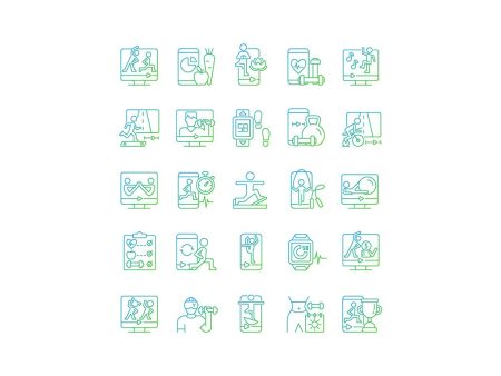 Online fitness apps possibilities gradient linear vector icons set on Sale