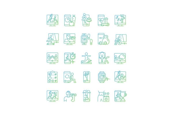 Online fitness apps possibilities gradient linear vector icons set on Sale