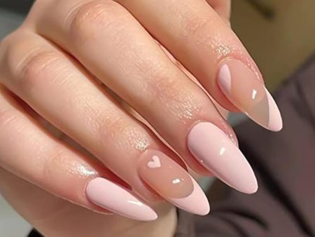 YOSOMK Light Pink Press on Nails Medium Almond Fake Nails Cute Heart Glossy Glue on Nails Artificial False Nails for Women Cheap