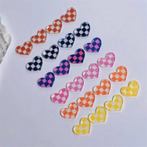 10pcs Chess&Heart Resin Nail Charm Transparent 6Color Black White Plaid Checker Board Loving Heart Shape Nail Decorations #TY7-1 Online now