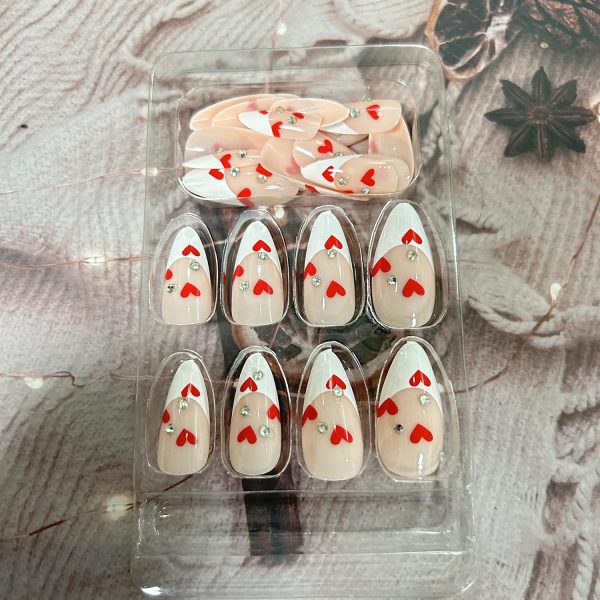 White French Tip Press on Nails Medium Almond Red Love Heart Rhinestones False Nails with Design Valentine s Day Artificial Acrylic Nails Full Cover Reusable Coffin Fake Nails Glue on Nails for Women Discount