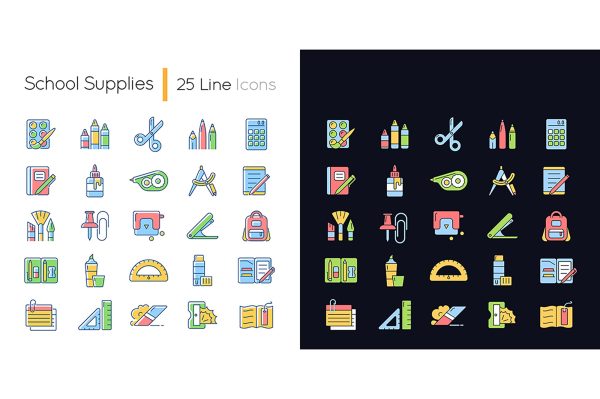 School supplies light and dark theme RGB color icons set Discount