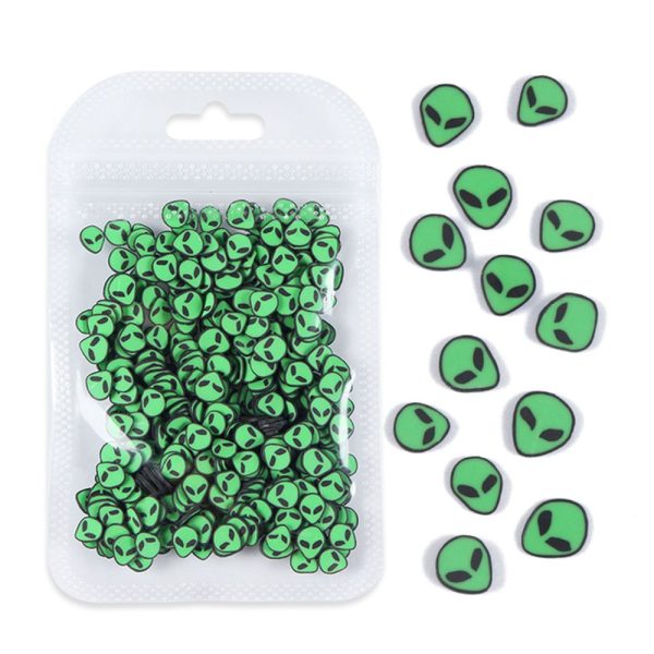 1 Bag 3D Green Alien Slices Halloween Nails Sticker Charm Ornament Creative Soft Polymer Clay Flakes DIY Nail Art Decorations Cheap