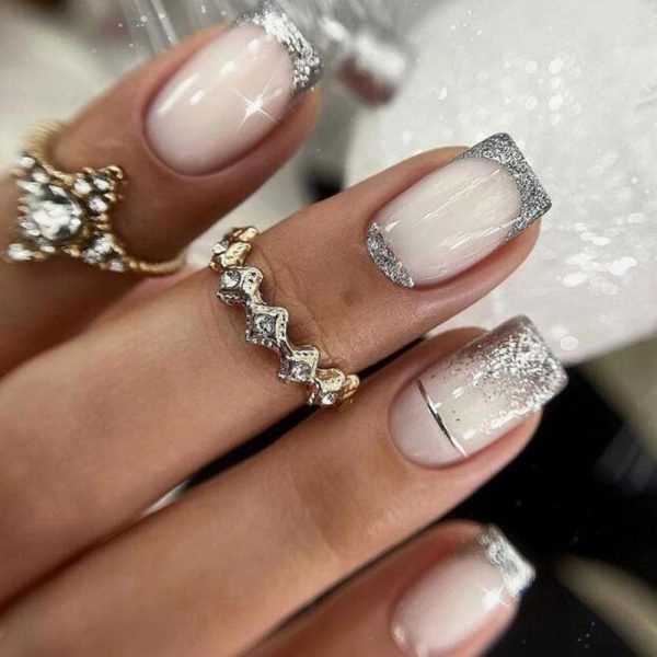 White Press on Nails Short, French Glitter Silver Fake Nails Full Cover Artificial Glue on Nails Silver Sparkly False Nails with Silver Line Designs Full Cover Stick on Nails for Women Girls 24Pcs For Cheap