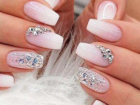 YOSOMK Short Coffin Press on Nails Ombre Pink Fake Nails with Bling Sequins Designs Glossy Stick on Nails Full Cover Glitter Rhinestone Acrylic Nails for Women Online Hot Sale