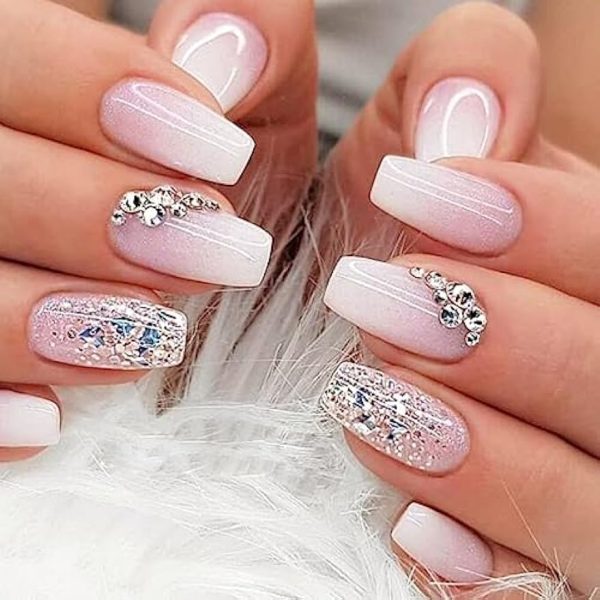 YOSOMK Short Coffin Press on Nails Ombre Pink Fake Nails with Bling Sequins Designs Glossy Stick on Nails Full Cover Glitter Rhinestone Acrylic Nails for Women Online Hot Sale