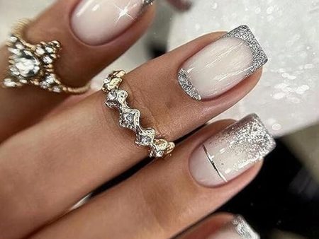 White Press on Nails Short, French Glitter Silver Fake Nails Full Cover Artificial Glue on Nails Silver Sparkly False Nails with Silver Line Designs Full Cover Stick on Nails for Women Girls 24Pcs For Cheap