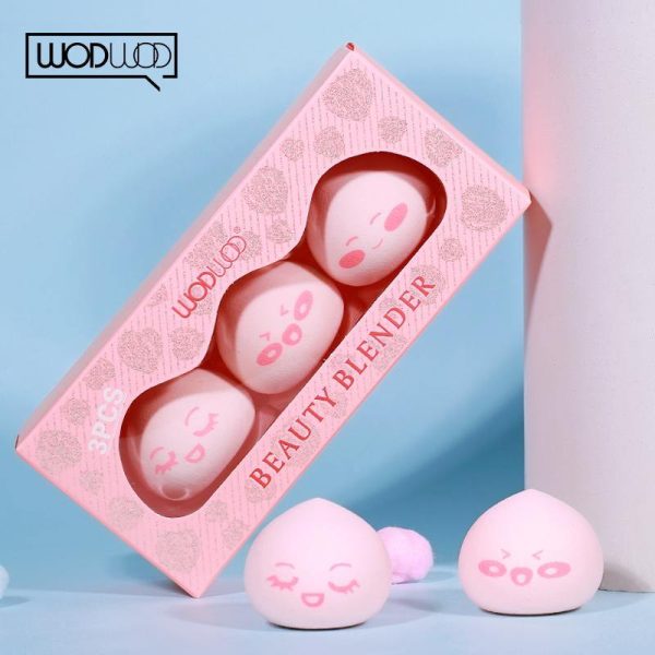 3PCS SET makeup puff  sponge by WODWOD pink color peach shape with smile printing wet dry use maekup water drop sponge (#1) Online