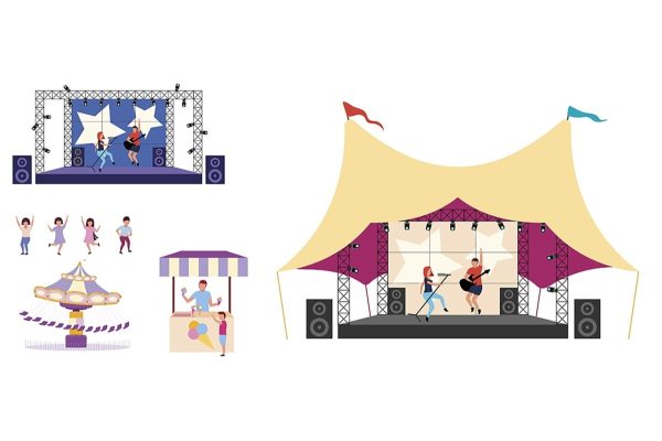 Music festival flat concept vector illustrations set Discount