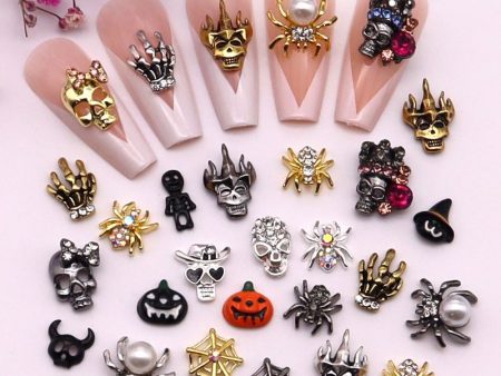 10-Pcs Halloween Ornaments 3D Metal Nail Art Decorations Gold Silver Black Skull Spider Hand Skeleton Design Nail Accessories Sale