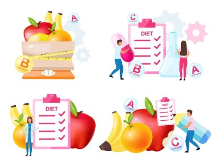 Dietology experts flat vector illustrations set. Fresh vitamins containing fruits Online