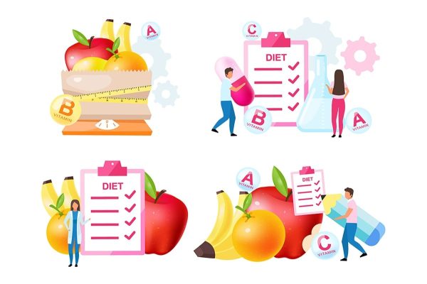 Dietology experts flat vector illustrations set. Fresh vitamins containing fruits Online