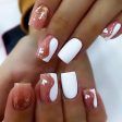 White Love Heart Short Square Press on Nails, Glossy Nude Glitter False Nails Gel Glue on Nails with Sparkly Curve Line Design, White Solid Color Manicure Art Fake Nails Stick on Nails for Women Girls Cheap