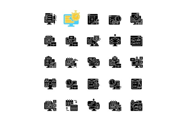 Work monitoring black glyph icons set on white space Sale