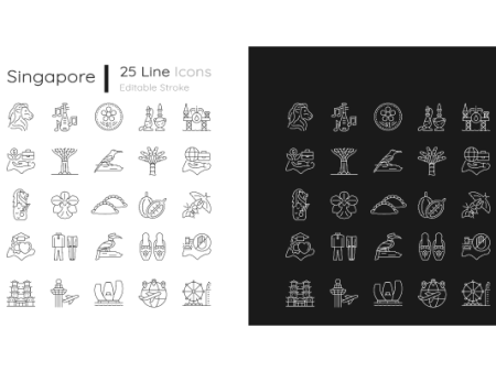 Singapore national symbols linear icons set for dark and light mode For Discount