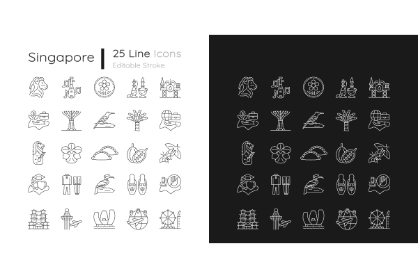 Singapore national symbols linear icons set for dark and light mode For Discount