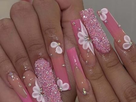 YoYoee Long Rose Nails Tips Glitter French False Nails Square Press on Nails Daisy Full Cover Ballerina Fake Nails for Women and Girls 24PCS Fashion