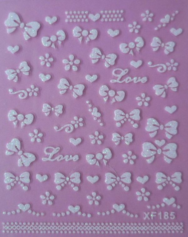 White Glitter Bow Heart Love 3D Nail Art Stickers UV Acrylic Tips Decoration Supply