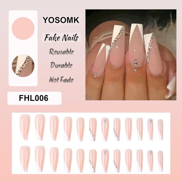 YOSOMK French Tip Press on Nails Long with Designs Pink and White Rhinestones False Fake Nails Press On Coffin Artificial Nails for Women Stick on Nails With Glue on Static nails Online Hot Sale