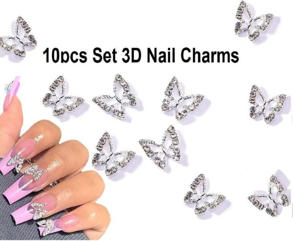 10pcs 3D Alloy Butterfly Nail Charms, Butterfly Nail Gems Nail Rhinestones Shiny For Sale