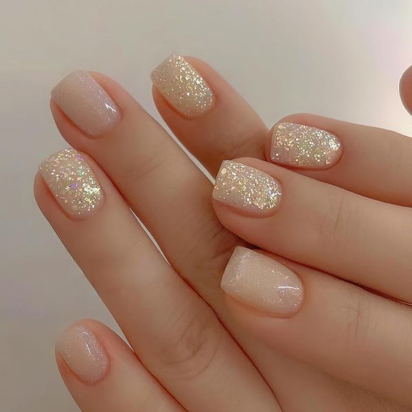 ZASKHLD Glitter Press on Nails Short Square Fake Nails Glossy Nude Glue on Nails with Glitter designs Luxury Sparkle coffin False Nails Shiny Acrylic Artificial Nails for Women Girls Manicure 24Pcs Online