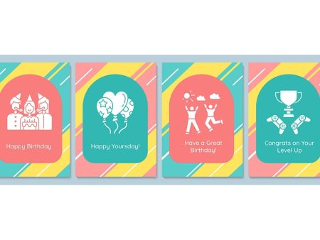 Birthday traditions greeting cards with glyph icon element set For Sale