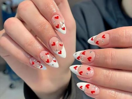 White French Tip Press on Nails Medium Almond Red Love Heart Rhinestones False Nails with Design Valentine s Day Artificial Acrylic Nails Full Cover Reusable Coffin Fake Nails Glue on Nails for Women Discount